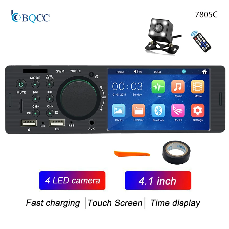 

Автомобильный Радиоприемник BQCC 1 DIN С Сенсорным Экраном 4,1 Дюйма, Bluetooth, Музыкальный Плеер, Функция Громкой Связи