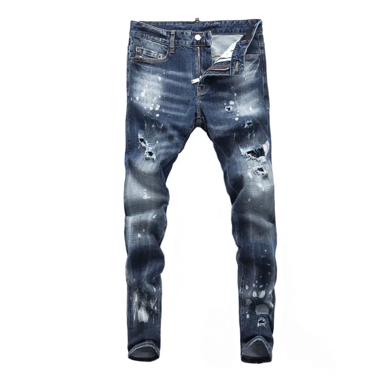High Street Fashion Men Jeans Retro Blue Elastic Slim Fit Patched Ripped Jeans Men Painted Designer Hip Hop Brand Pants Hombre