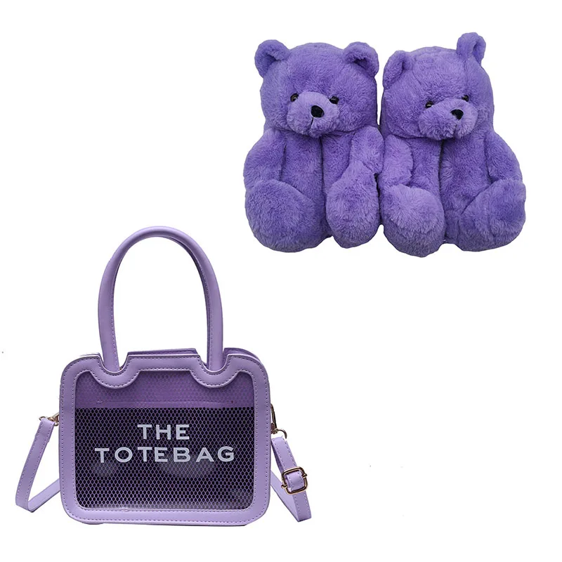 

Дизайнерская классическая сумка-тоут с надписью для женщин, плюшевые тапочки, слайды с милым медведем для девушек, модная искусственная сум...