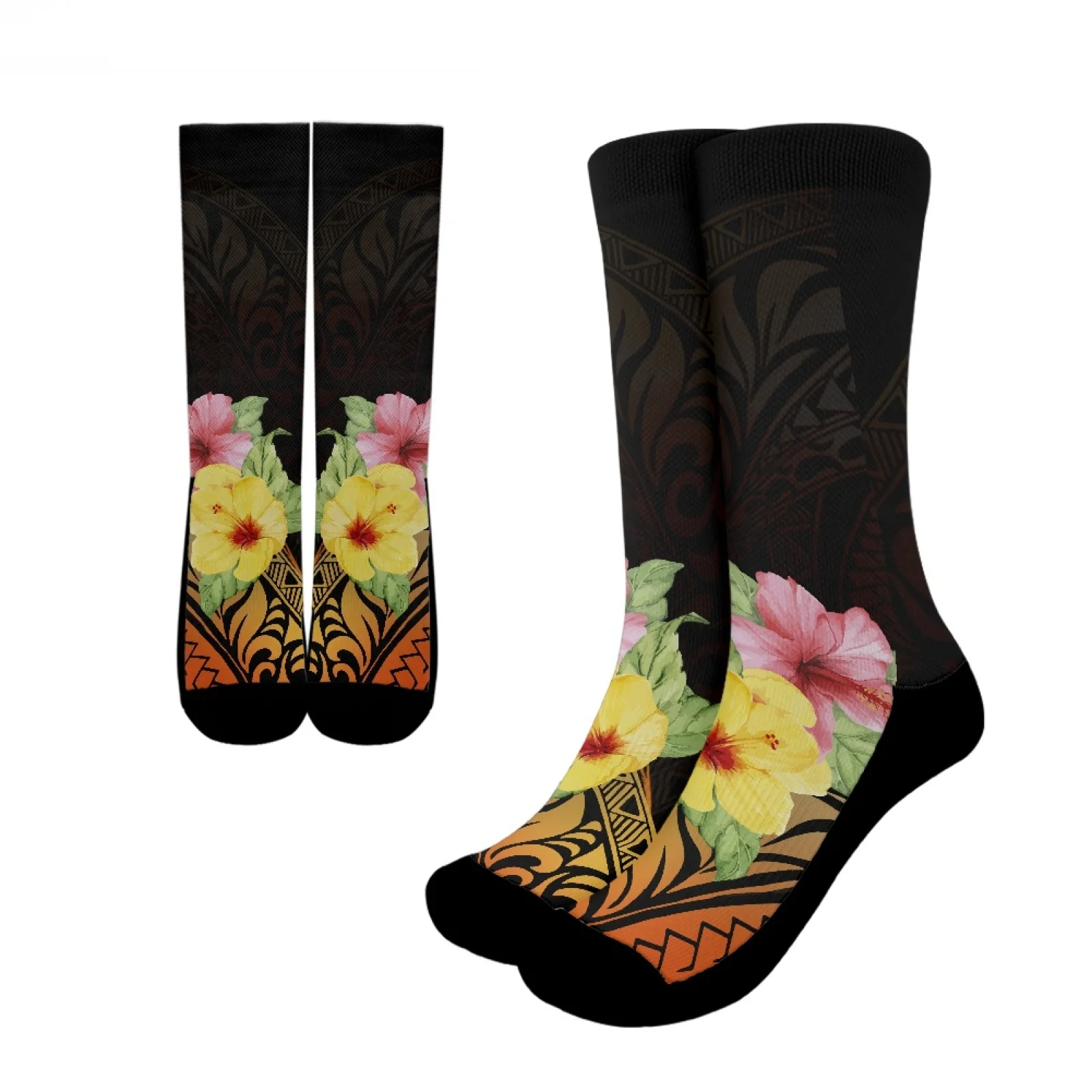 

Polynesian Tribal Samoan Totem Tattoo Samoa Prints High Resilience Mid-Tube Sports Socks Comfort Breathable Hibiscus Crew Socks