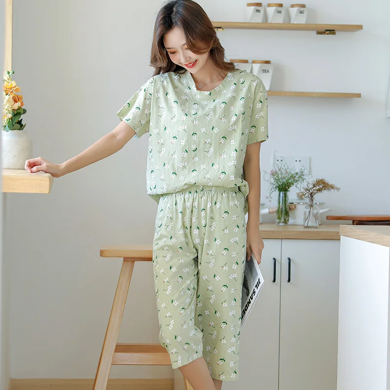 Cotton Gauze Pajamas Women's Summer Short Sleeved Capri Pants Set Japanese Sweet Floral Pure Cotton Home Clothes