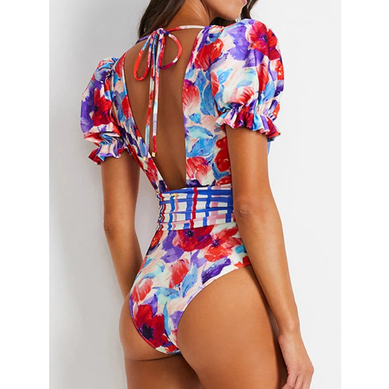 2023 Flower Print Women One-piece Swimsuit Retro Deep-V Gorgeous Red And Swimwear Summer Beach Wear Strappy Swimming Bath Suit