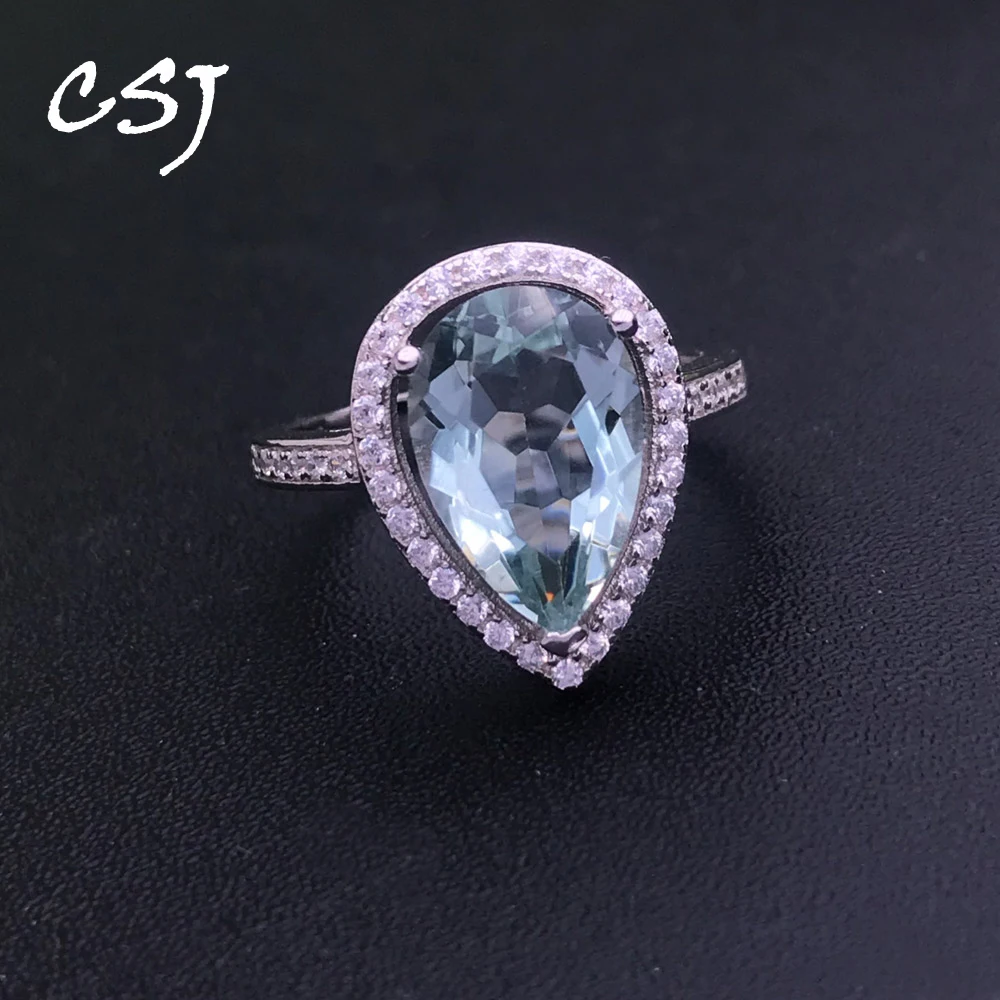 

CSJ Green Amethyst Rings Sterling 925 Silver Natural Gemstone Pear 8*12mm Women Lady Wedding Engagment Party Gift Box