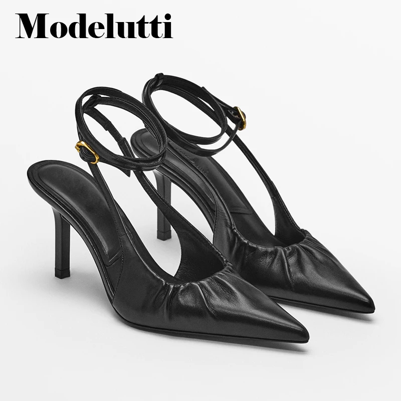 

Modelutti 2022 Spring Summer New Women Pointed-toe Gathered Design Simple Genuine Leather Stiletto High Heel Shoe Sandals Female