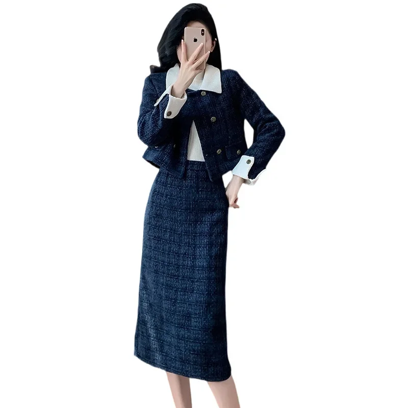 2024 осень/зима твидовый стиль стеганая куртка и подходящая юбка элегантный