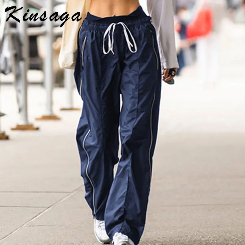 

Blue Striped Jogger Parachute Pants Casual Y2k Elastic Waist Hip Hop Sweatpants Baggy Cargo Pants Vintage Loose Lace Up Trousers