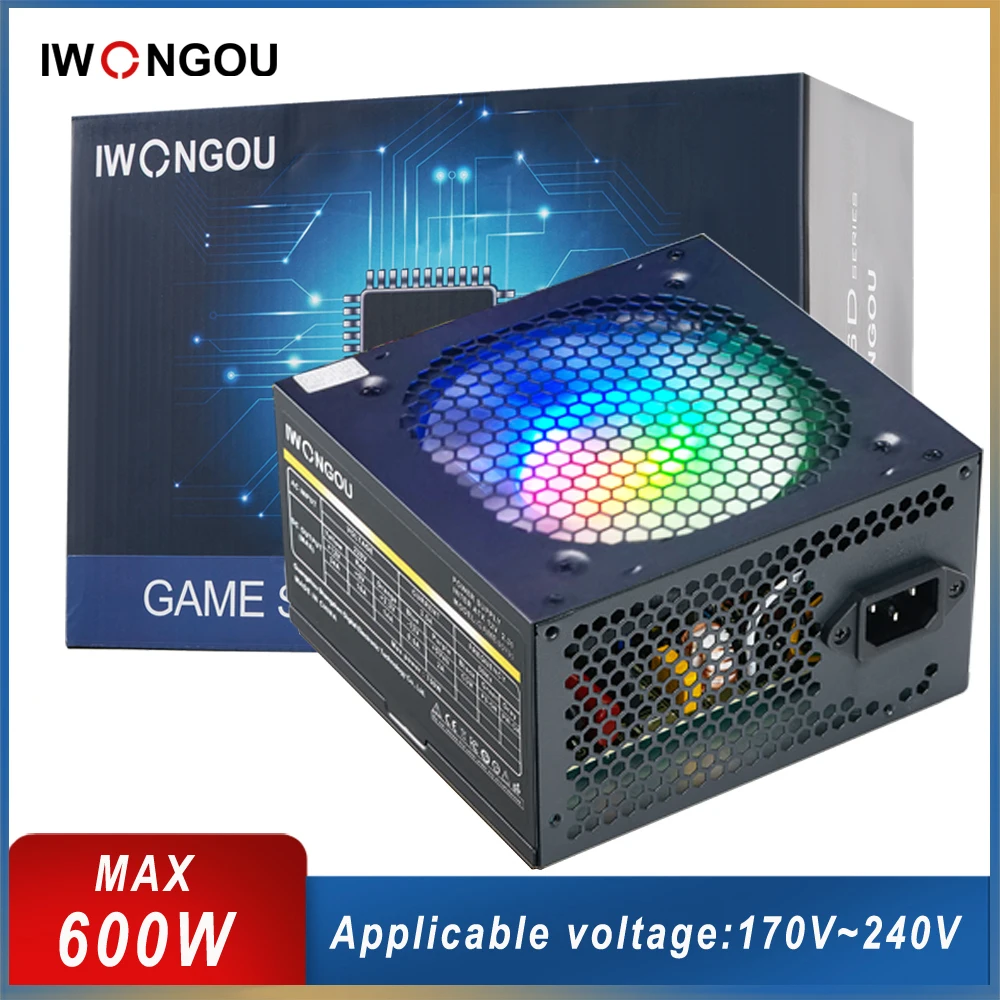 

IWONGOU PC Power Supply MAX 600 Watt 24pin 12v Atx Active PFC Font For Gaming Desktop GAMESD600 PSU