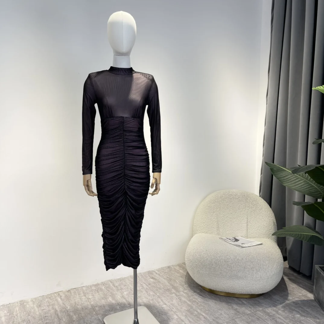 

2022 New Autumn Winter High Quality Elegant Black Long Sleeve Draped Bodycon Tight Midi Lady Luxury Style Dress