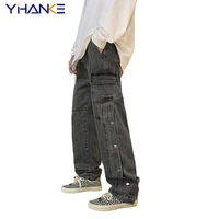 yihanke washed splicing jeans mens straight pants multi pocket loose jeans solid color hip hop street mens pantalones hombre