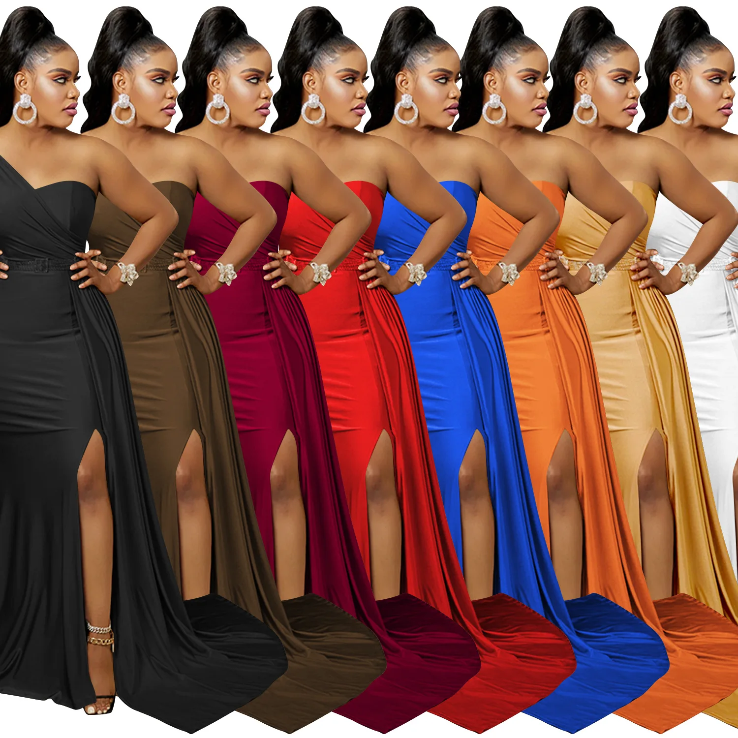 

Sexy One Shoulder Backless Asymmetrical Pleated Fold Maxi Dress for Women Club Party Long Dresses Fashion Elegant Robe