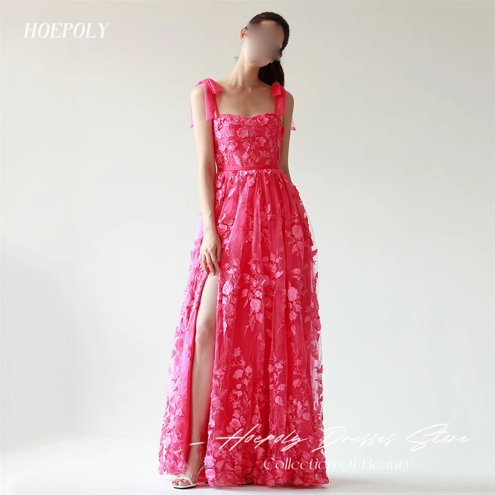 

Hoepoly Luxury Formal Square Neck Sleeveless Flowers A Line Long Evening Dress High Slit Floor Length Prom Gown New 프롬드레스
