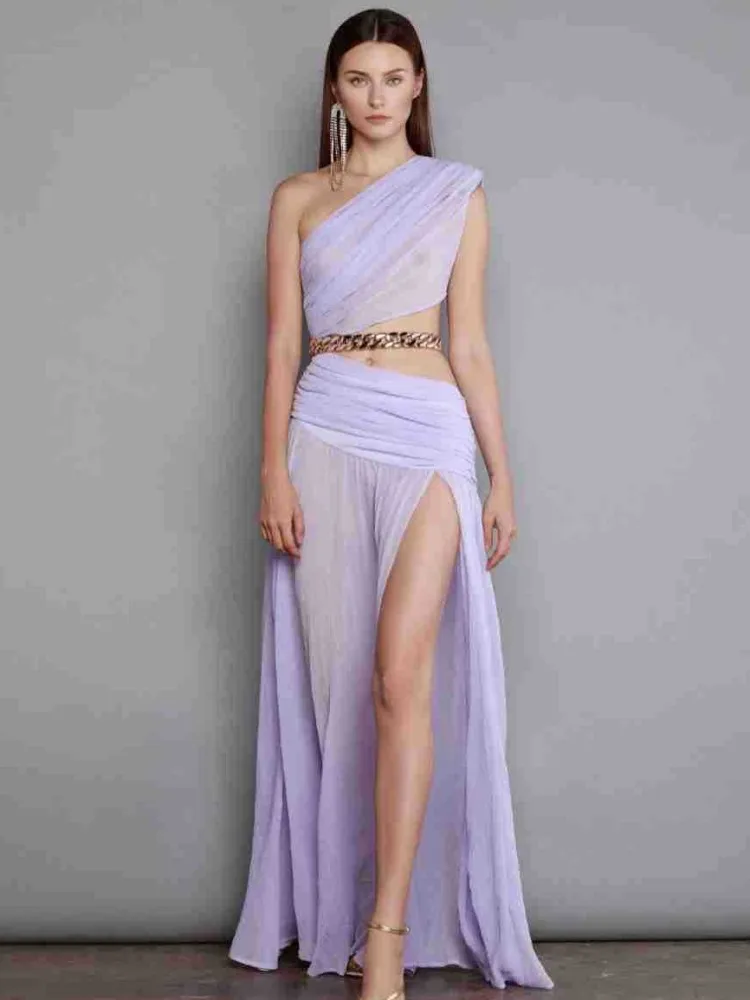 

Женское платье на одно плечо Laura Kors, летнее сексуальное платье на одно плечо с высоким разрезом и цепочкой, блестящее вечернее Клубное платье, 2023