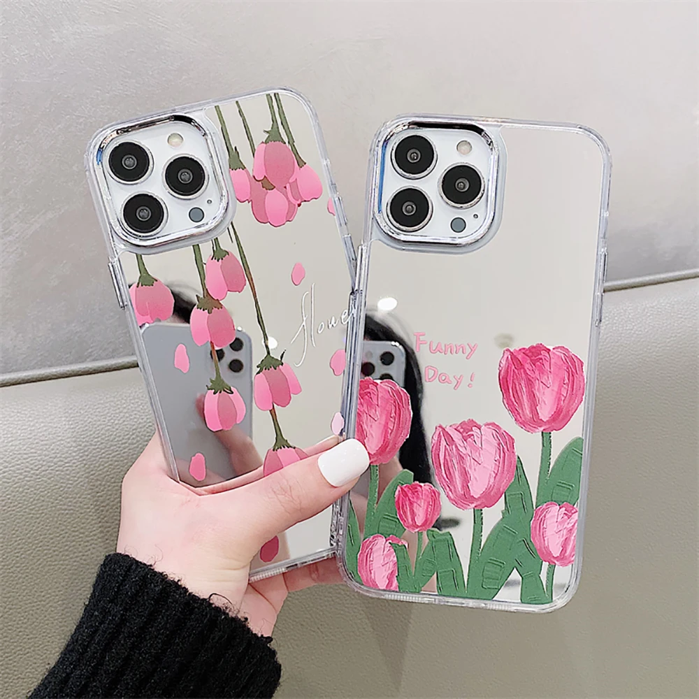 

Lovely Pink Tulips Fashion Flowers Letters Phone Case For iPhone 14 11 12 13 Pro Max Shockproof Makeup Mirror Soft Back Cover