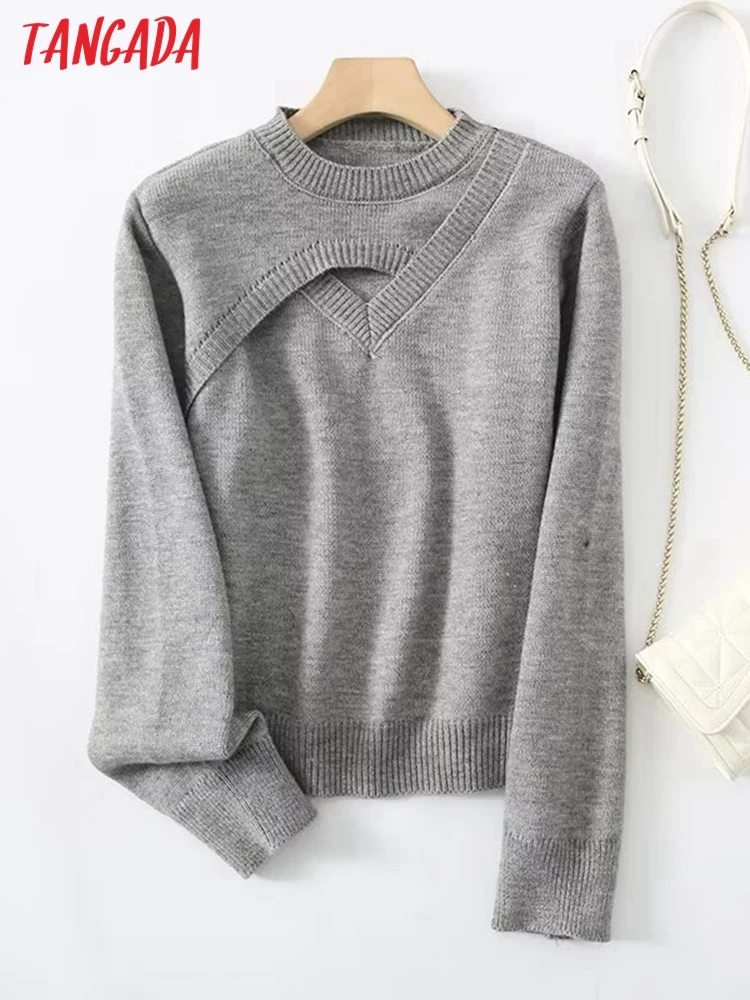 

Tangada Women 2022 Winter Cut-out Knitted Sweater O Neck Long Sleeve Female Pullover YU167