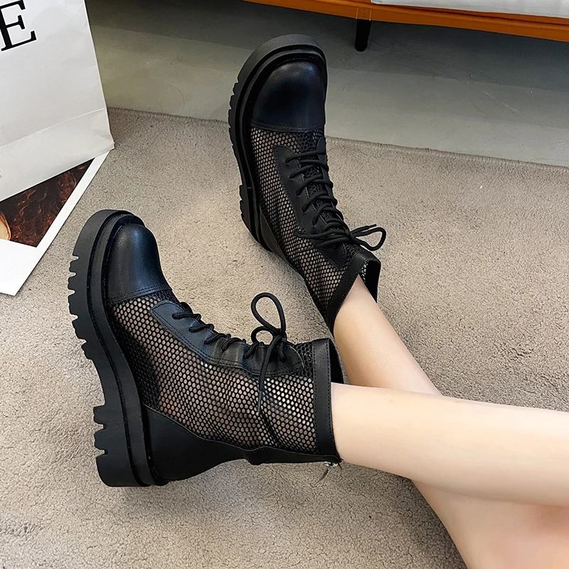 

Женские Дышащие сетчатые ботильоны, новая обувь для женщин, модная черная повседневная обувь на молнии, женские ботинки на плоской платформ...