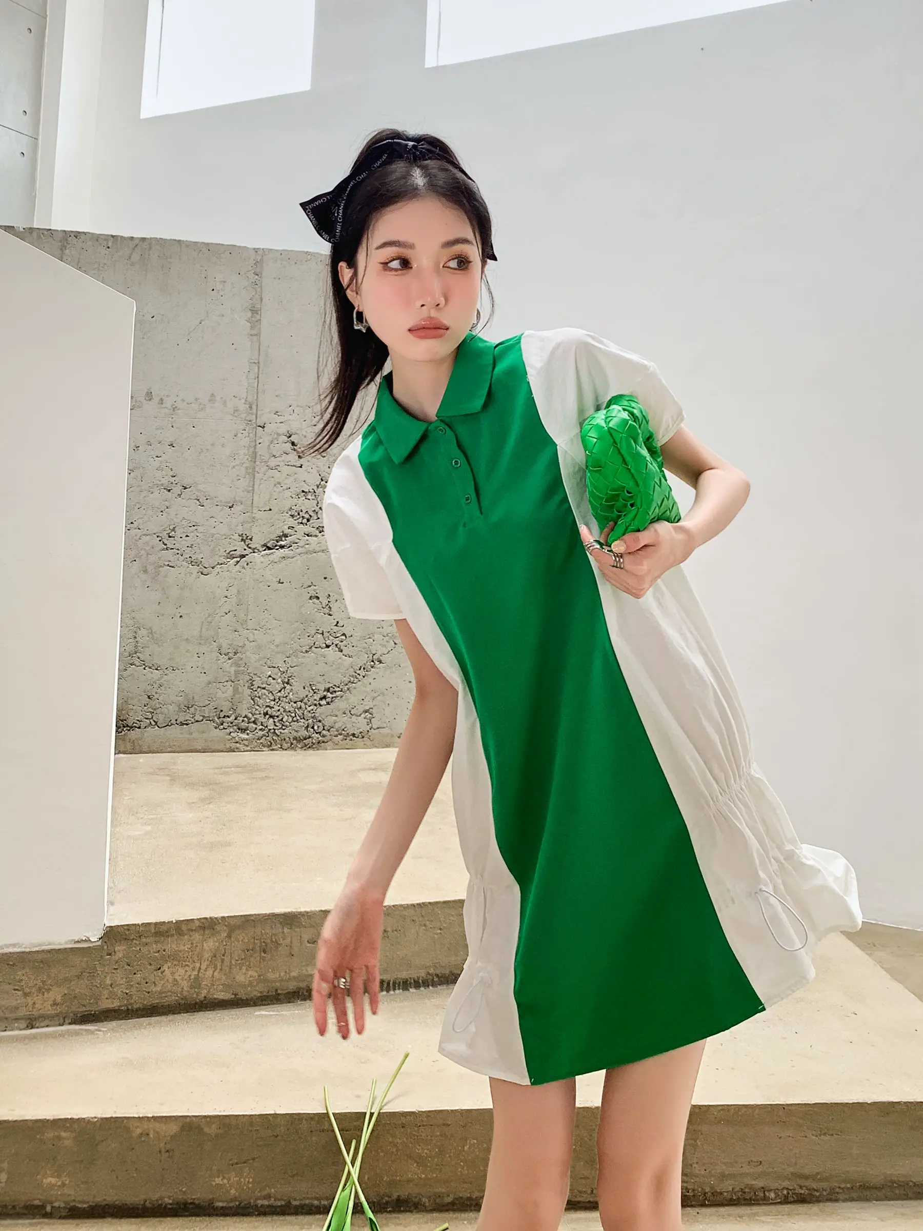 

ZCSMLL Preppy Green Patchwork Polo Puff Sleeve Dress For Women 2022 Summer Drawstring Mini Girls Dress Korean Fashion