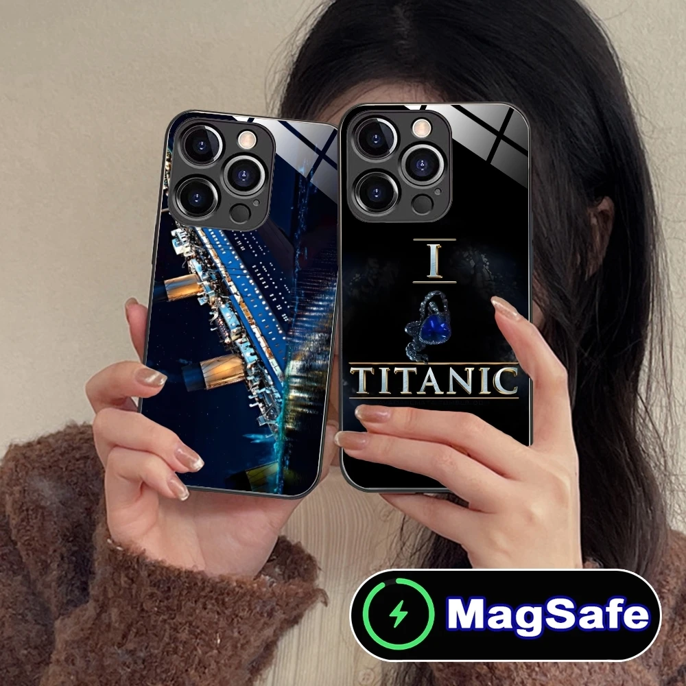 Luxury Titanic Mobile Smart Cell Phone Case for iPhone 16 15 14 13 12 11 Pro Max Plus Mini MagSafe Wireless Charging Glass Cover