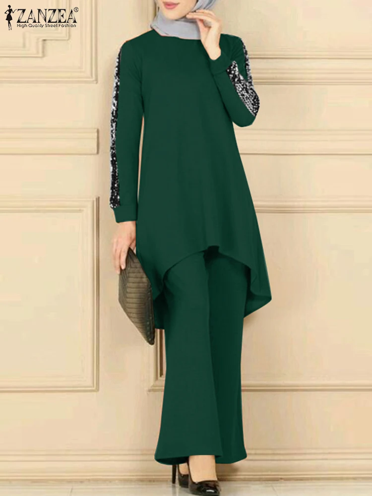 

ZANZEA/комплект из 2 предметов, винтажные комплекты с блестками, элегантные мусульманские женские широкие брюки, комплекты, Рамадан, абайя, хиджаб, спортивный костюм, повседневный костюм