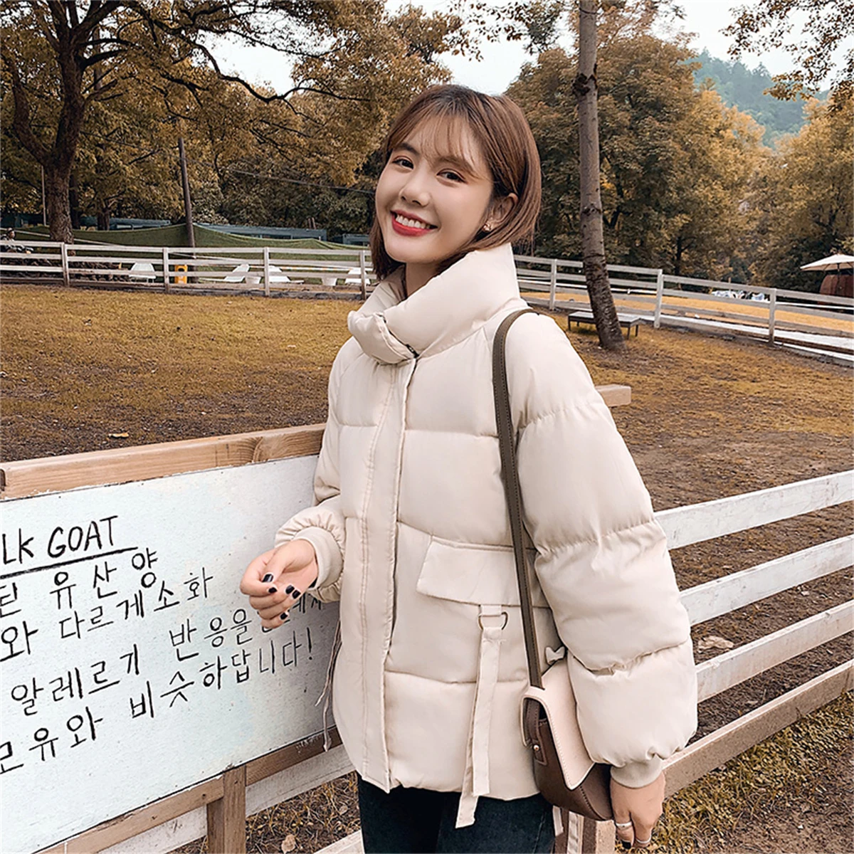 2022 Winter New Korean Women's Long Sleeve Solid Color Bread Jacket Cotton Pdded Jacket Loose Stand Collar Ribbon Down Jacket