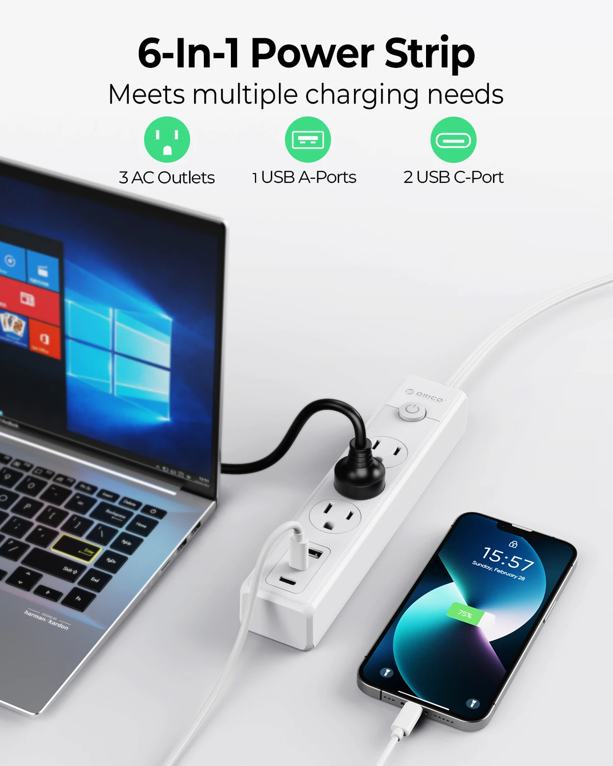 ORICO 6-в-1 USB C удлинитель с плоской вилкой 3AC 2USB-C QC15.5W для путешествий, домашнего офиса, 7 защитных устройств ​ (art.: 3920cffb89236) - 3920cffb89236