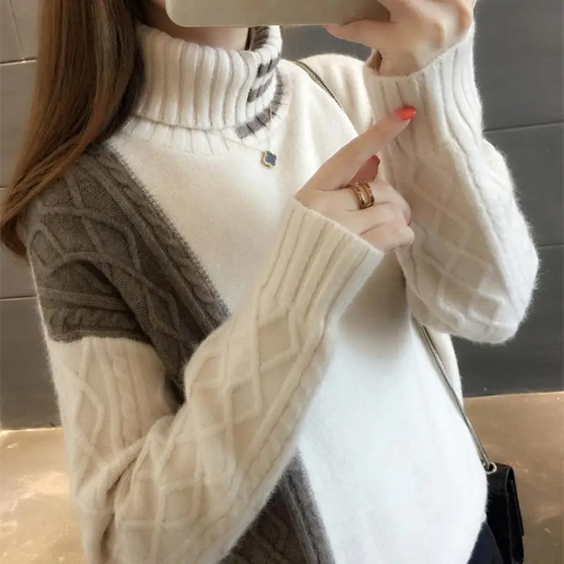 

Women's Round Neck Sweater Loose Casual Pullover Long Sleeved Color Blocking Knitwear Autumn and Winter New Long Sleeve Top D69