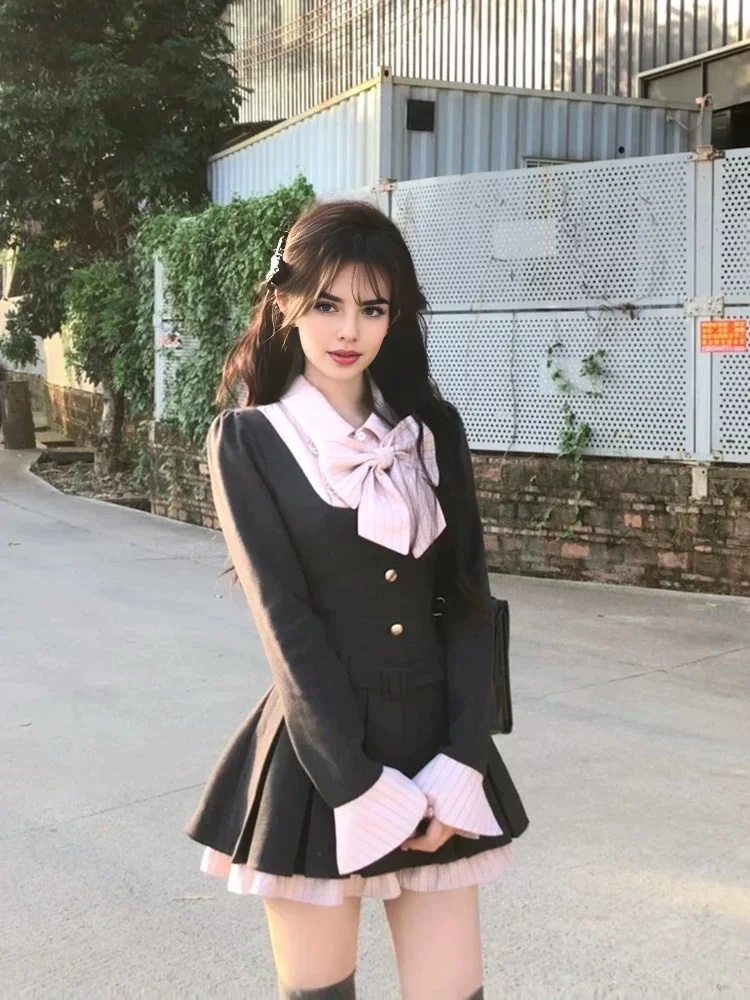 Осень 2024 женские кавайные академические черно-розовые платья с бантом для Cutecore