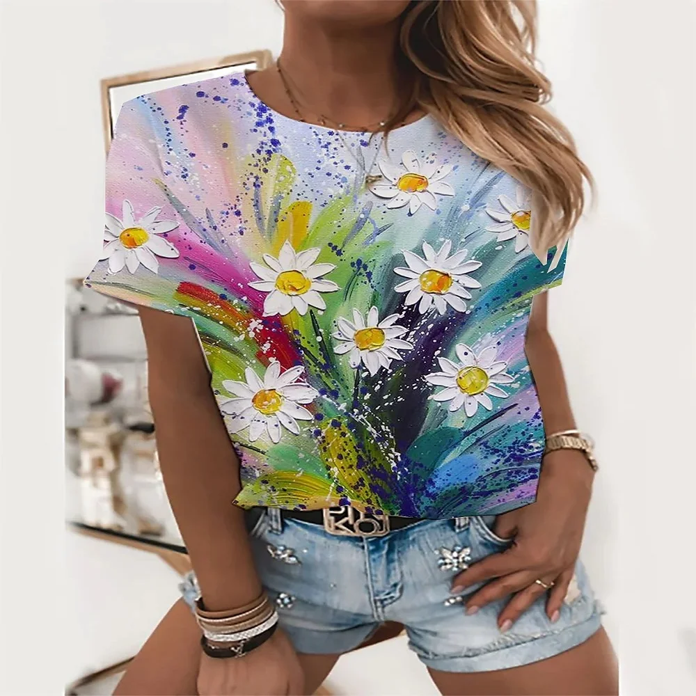

Color T-shirt Women Sexy Fashion T-shirt New Summer Loose Floral Print Top 3D Printing Abstract Pattern Woman Clothing