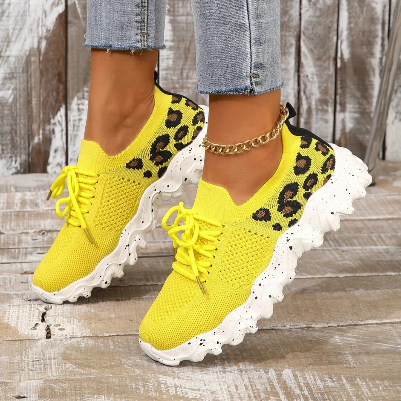 

Autumn New Women's Sports Shoes Leopard Pattern Knitted Casual Shoes Outdoor Casual Lace up Women's Shoes Plus Size