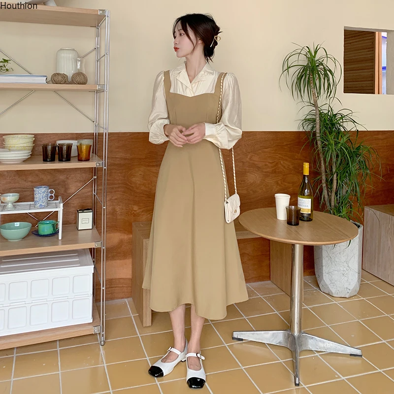 

Autumn New Women's Dresses Suit Collar Type A Girl Long Sleeve Solid Color Splicing Chiffon Fashion Loose