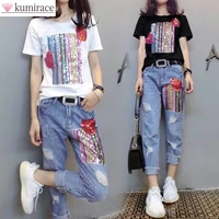 2022 summer new elegant womens pants set fashion sequin short sleeve t shirt pierced jeans two piece casual tops