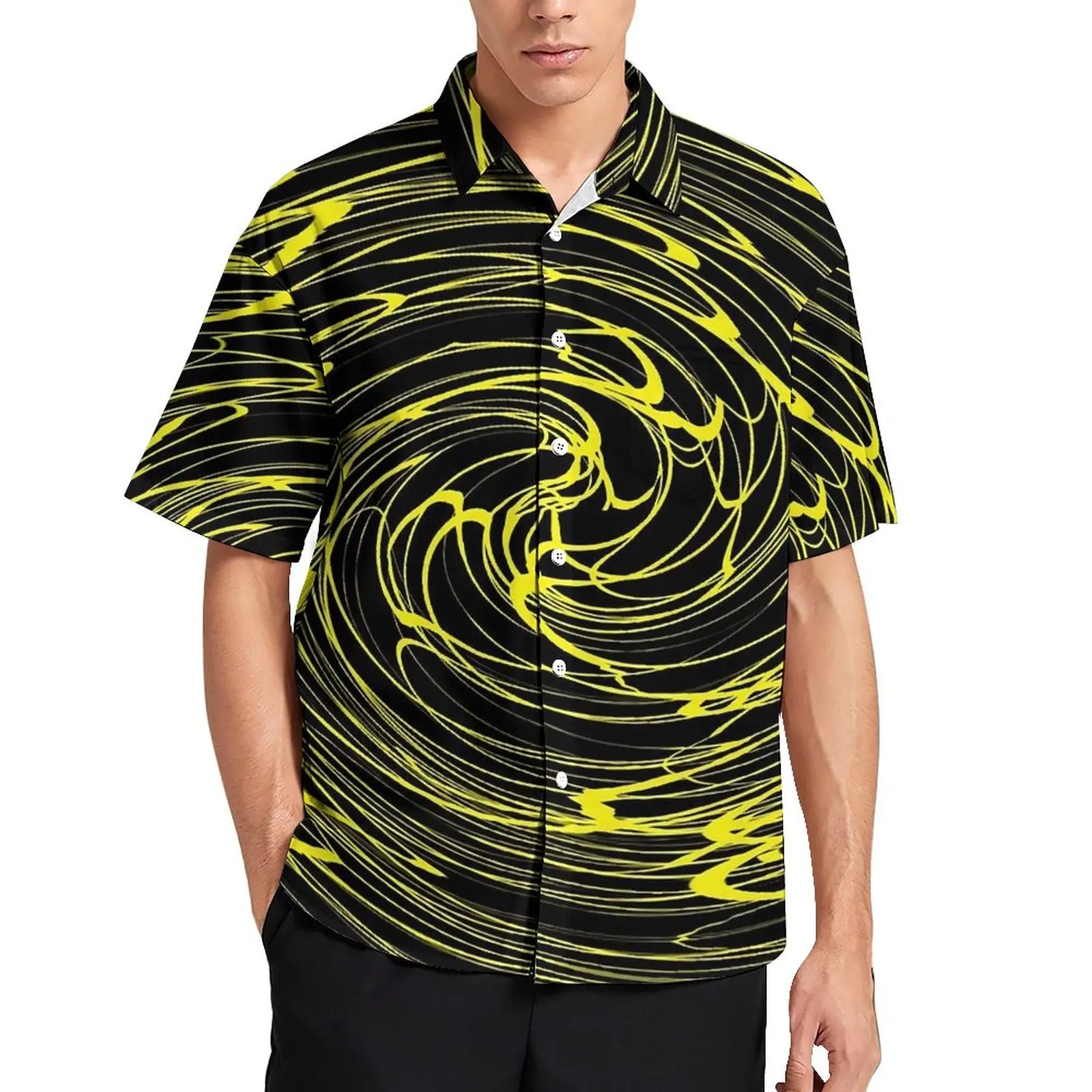 

Shallow Water Loose Shirt Mens Beach Yellow Spiral Print Casual Shirts Hawaiian Graphic Short-Sleeved Retro Oversized Blouses