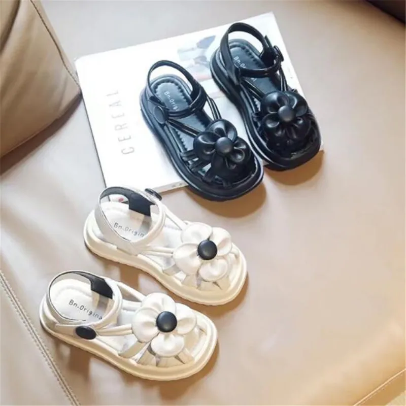 Girls' sandals flower 2022 summer new soft bottom beach Baotou little girl Princess shoes children's Roman sandals leather 4-12Y