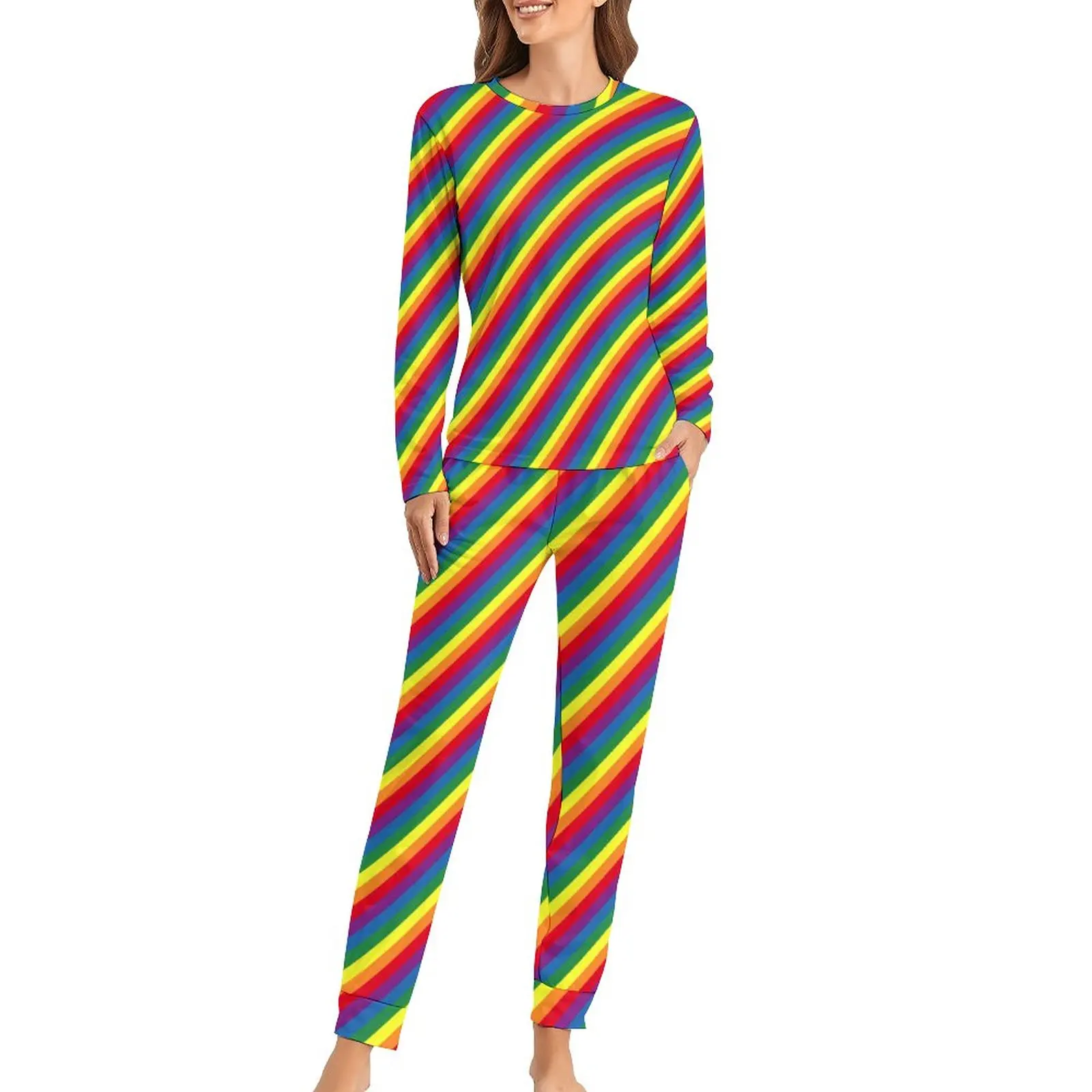 

Diagonal Rainbow Pajamas Autumn Colorful Stripes Print Night Oversized Nightwear Woman Long-Sleeve Custom Warm Pajamas Set