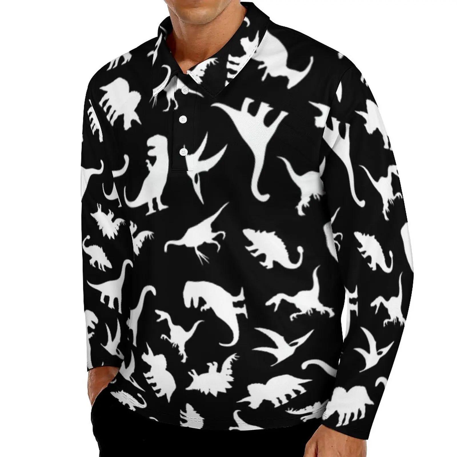 

Белая Повседневная рубашка-поло с принтом динозавра, смешные футболки с животными, рубашка с длинным рукавом и графическим рисунком, Осенни...