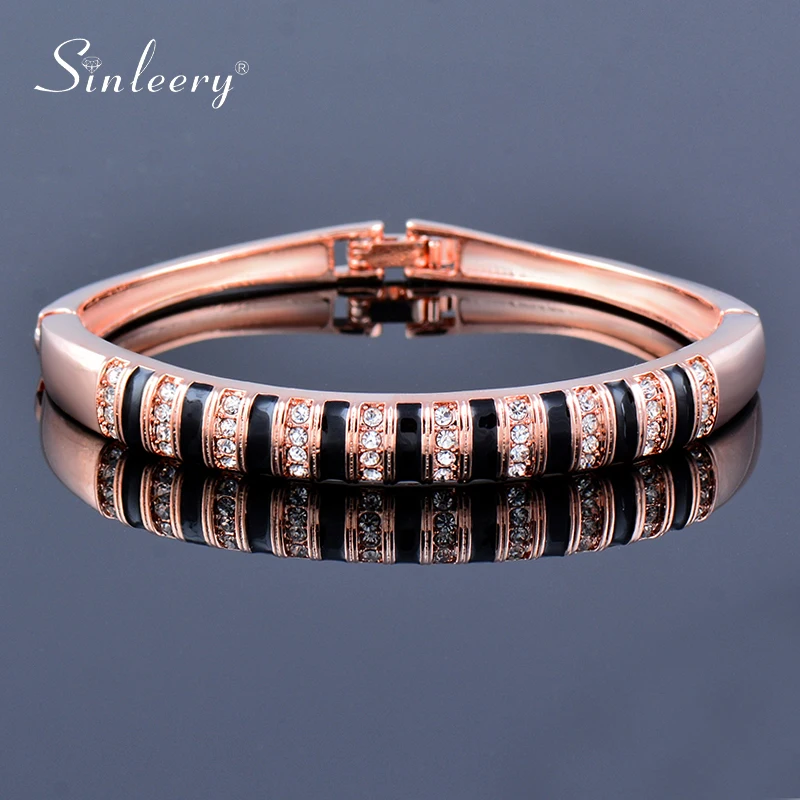 

SINLEERY Trend Black Enamel Bangle For Women Rose Gold Silver Color Cubic Zirconia Wedding Bracelets Fashion Jewelry SL467 SSP