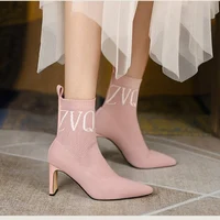2022 Summer Women's New Style High Heels Knitted Pattern Square Heel Breathable Sock Ankle Boots