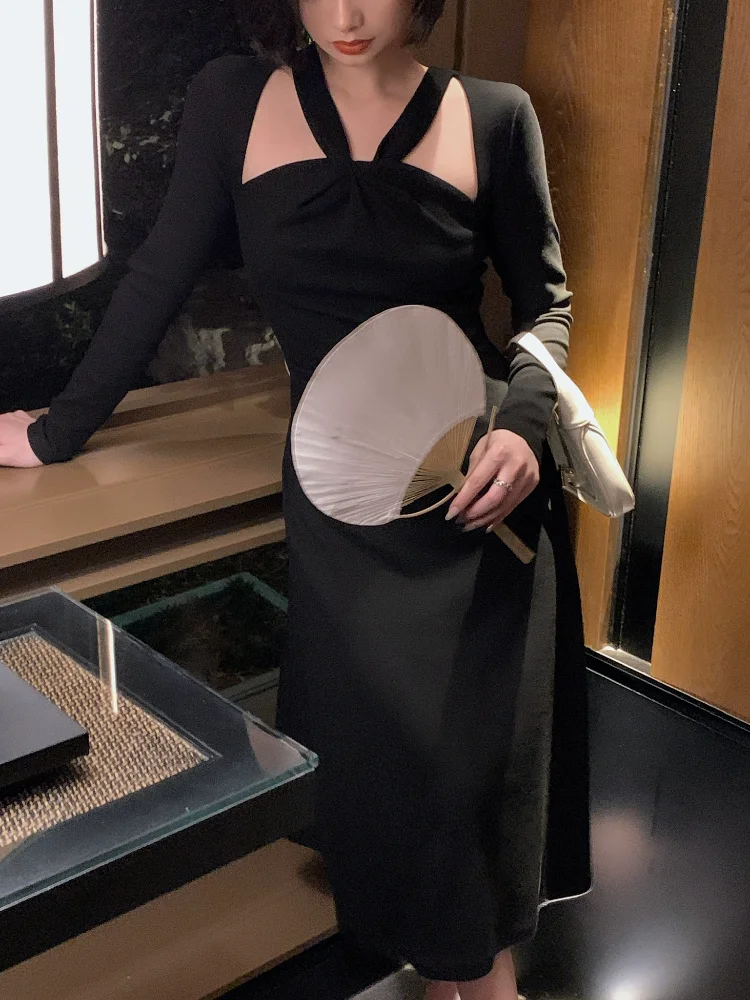 Осеннее французское винтажное элегантное платье женское пикантное вечернее