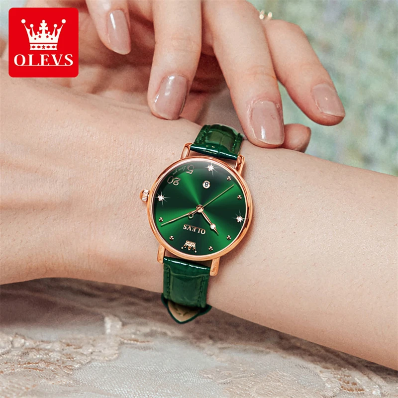OLEVS 2023 New Exquisite Ladies Watch Luxury Fashion Ultra-thin Leather Waterproof Green Quartz Women Wristwatch Female Clocks