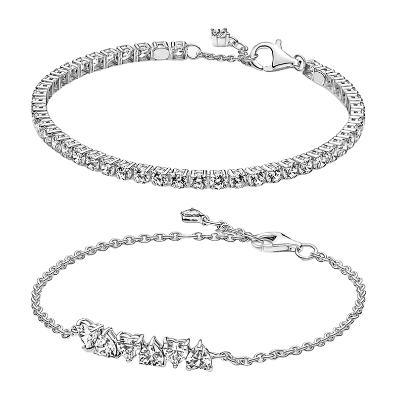 

925 Sterling Silver Wrist Tennis Strand Bracelets For Women Jewelry Squared Collets Love Hearts Zircon Stones Mother's Day Gifts
