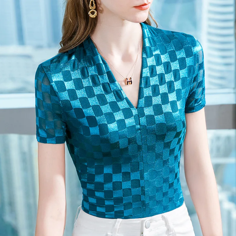 

Ice Silk Short-sleeved T-shirt Women's Summer 2022 New Free Shipping Solid Color Stretch Shirt Temperament V-neck Tight Top