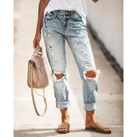 street hipster washed casual straight pants women fashion wild mid waist ripped jean female new do old print hole denim trousers