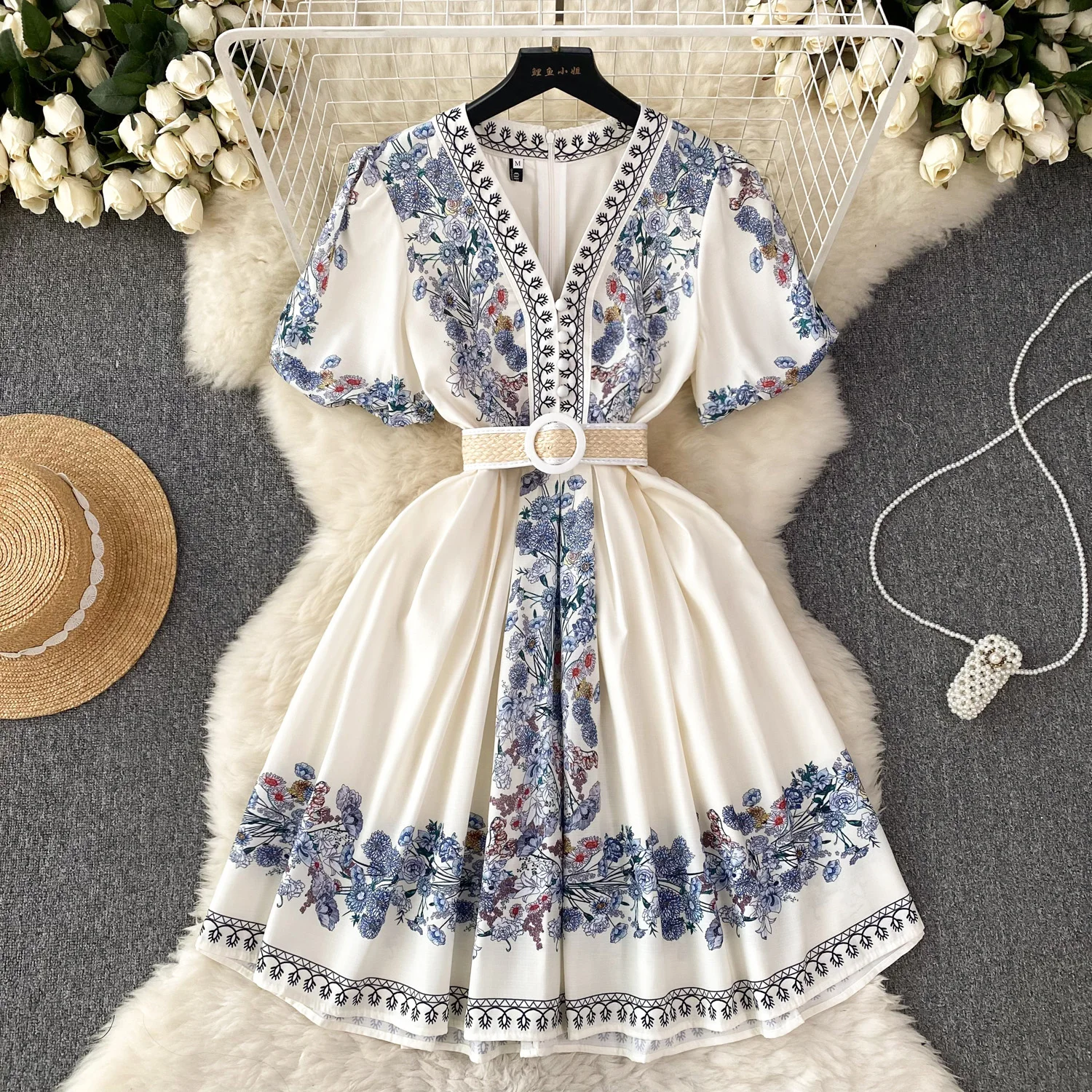 

Summer Midi Luxury Boho Dress for Women Floral Long Sleeve Belted Ruched Hem Dresses Cotton Runway Female Festive Traf New In