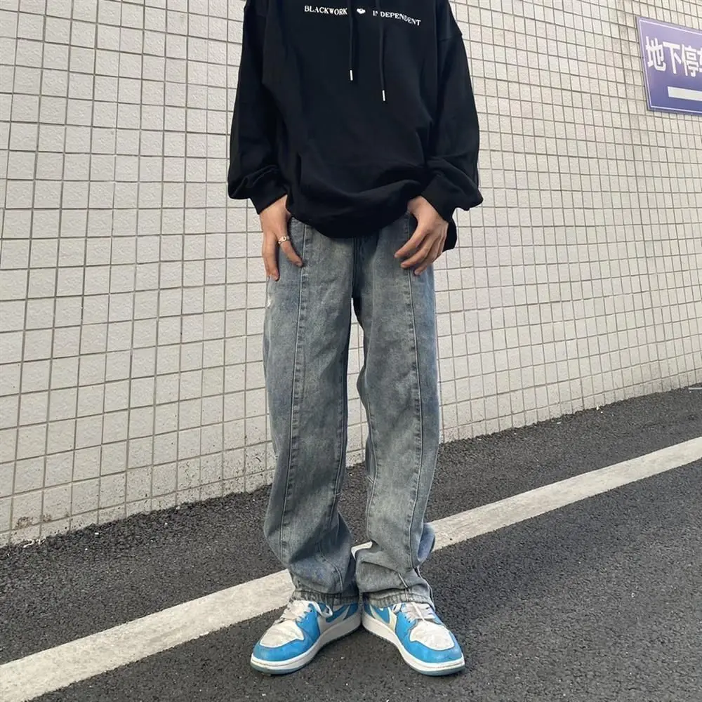 Men Jeans American High Street Loose Straight Hip Hop Jeans Embroidered Button Slit Wide Leg Casual Pants Ins Hot Hip Hop Jeans