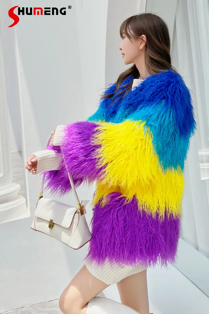 2022 Winter New Sheepskin Wool Faux Fur Coat Women V-neck Fashion Sweet Rainbow Lamb Wool Stitching Mid-Length Plush Fur Jacket