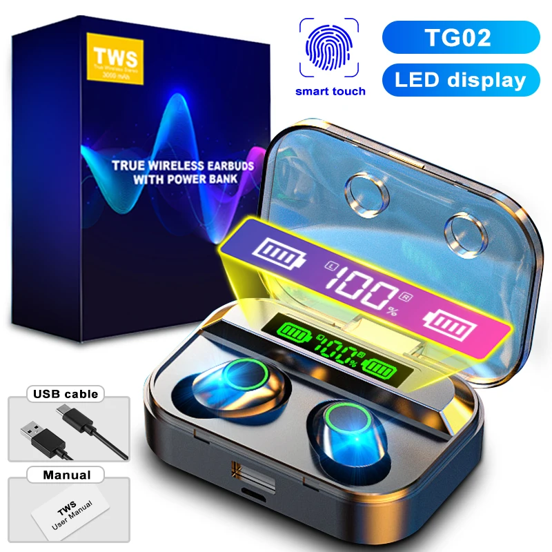

Беспроводные наушники TWS, Bluetooth наушники TG02, Hi-Fi наушники, гарнитура 9D стерео с микрофоном и сенсорной зарядкой для спортивных игр, телефонов