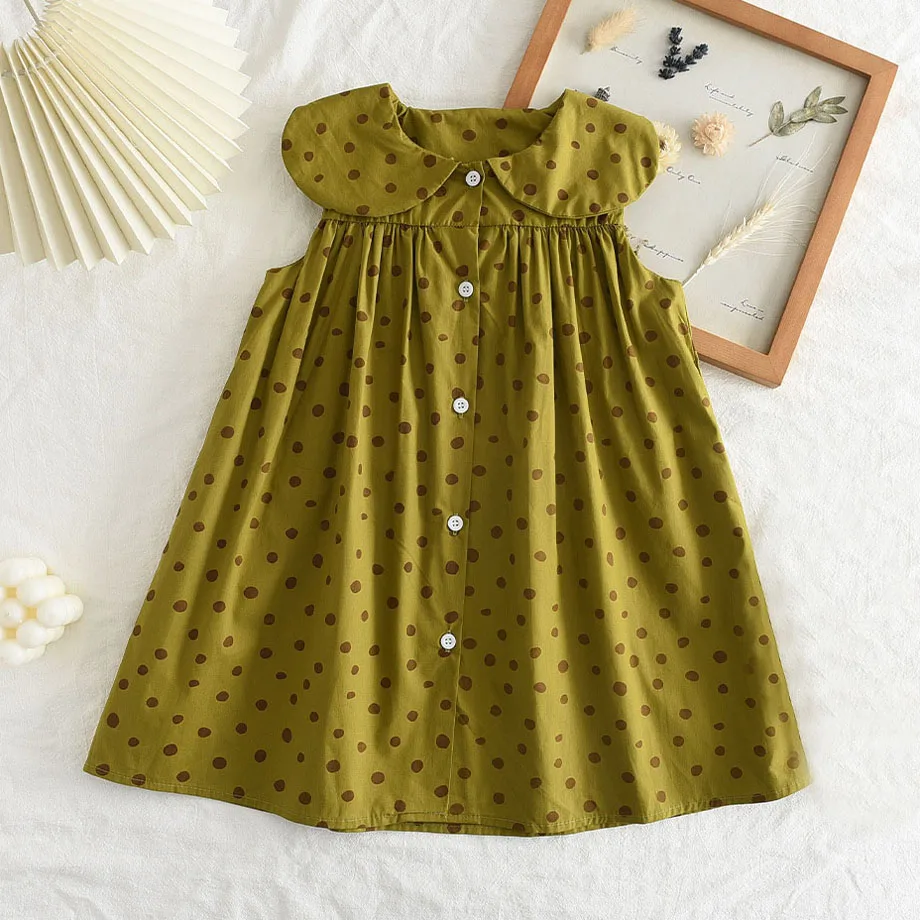 

Polka Dot Dress For Kids Clothes Girls Summer Dresses 2023 New Peter Pan Collar Sleeveless Button Up Tank Sundress Vintage