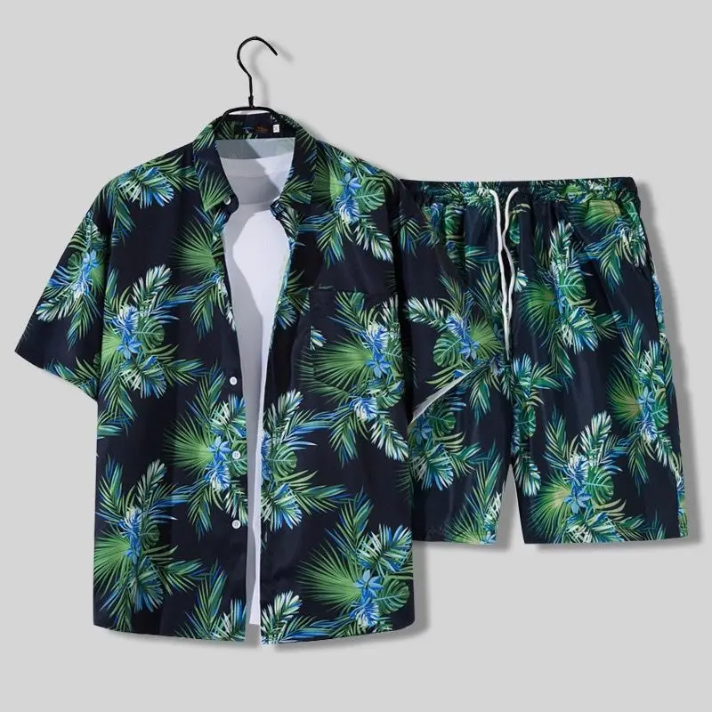 Short-sleeved Shirt Men's Casual Suit Trend Summer Beach Quick Dry Printed Sets Hawaiian Couples Tops Shirts + Sports Shorts Set