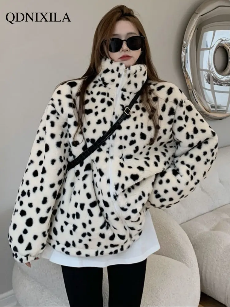 Winter Coat for Women Faux Fur Leopard Print Wool Coat Loose and Thickened Jacket Women Warm Keeping Coat Faux Fur Coat Women