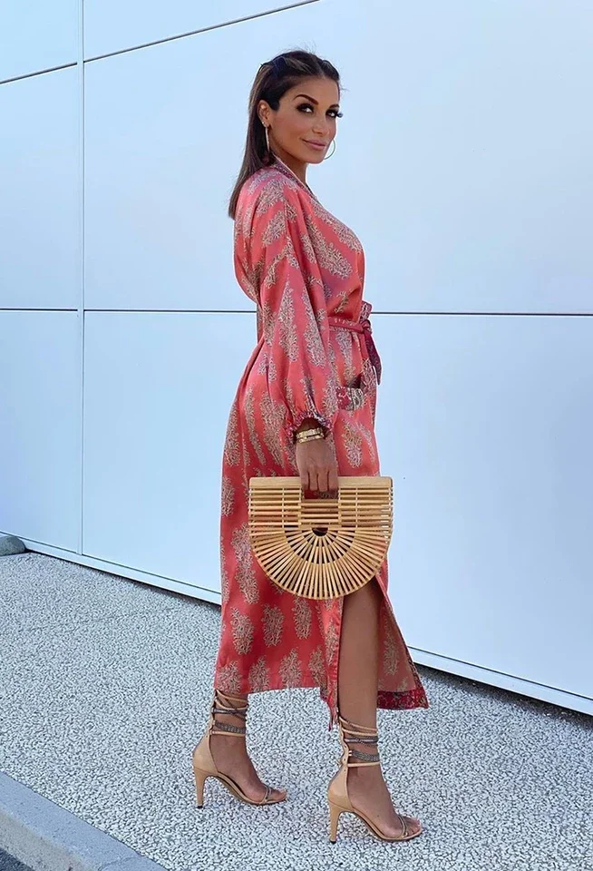 Boho Loose Women Cadigan Satin Red Floral Print Puff Sleeve Long Kimono Lace up Tie Bow Sashes Dress Casual Beach Robe