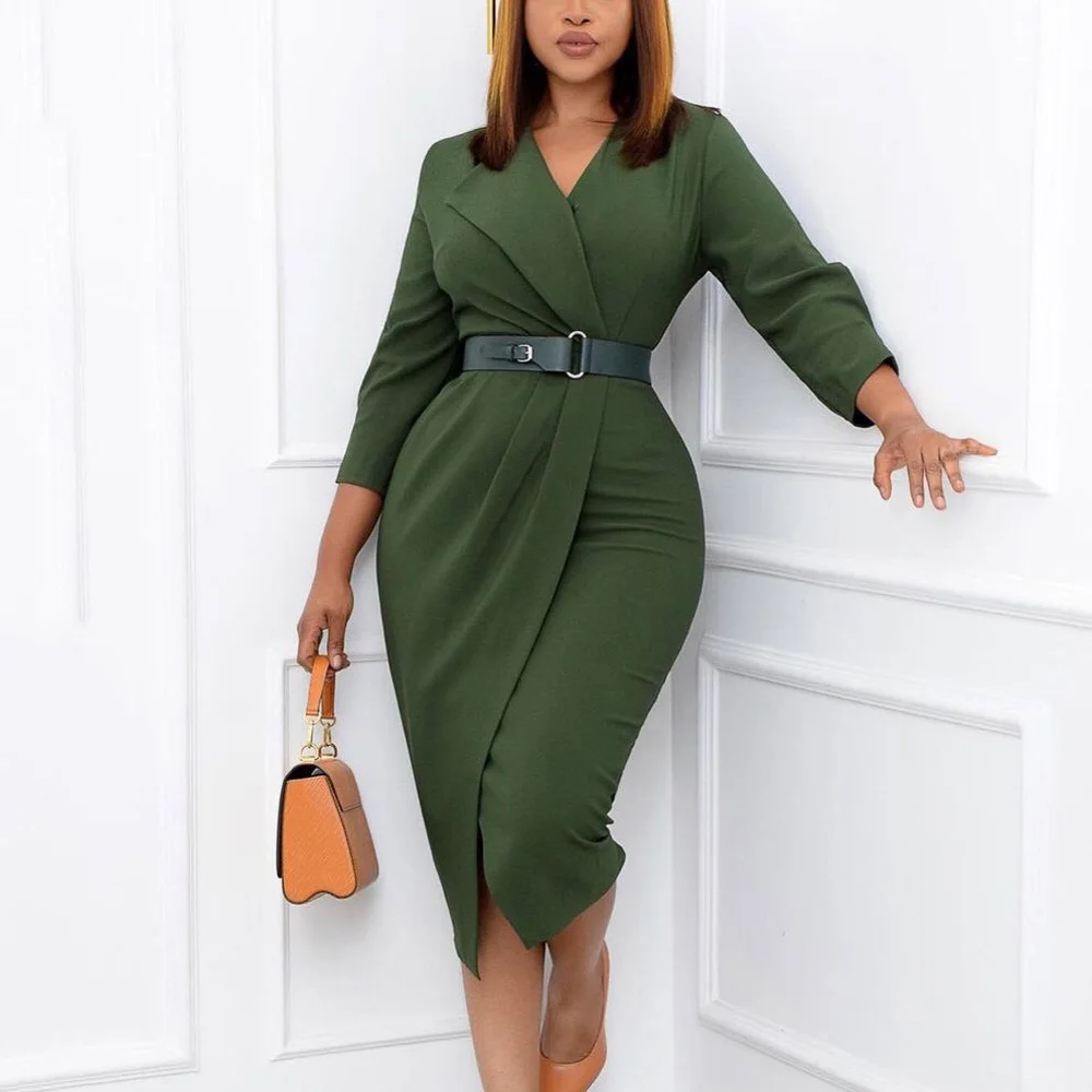 

Elegant Office Dress for Women Professional 2023 New V Neck Full Sleeve Belt Waisted Package Hips Mid Calf Formal Business Dress